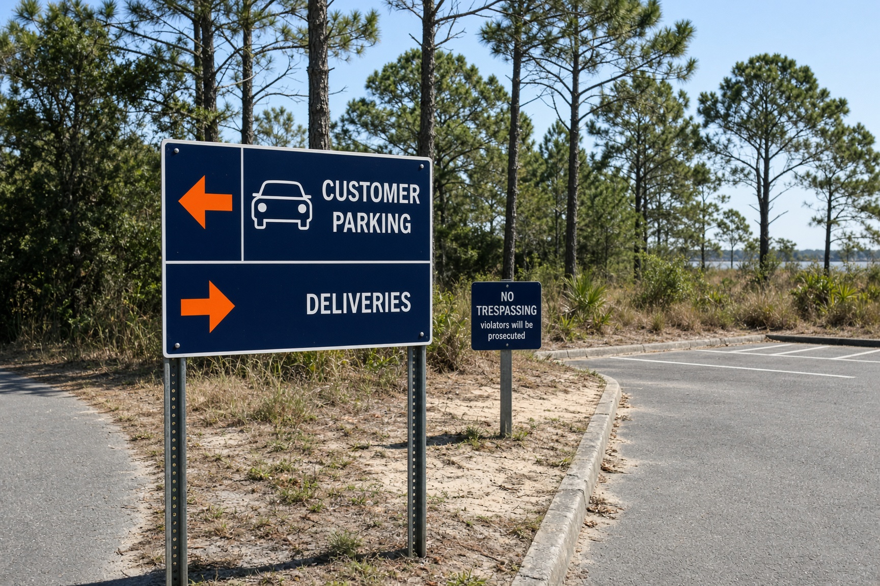 Directional signs at a commercial entrance.